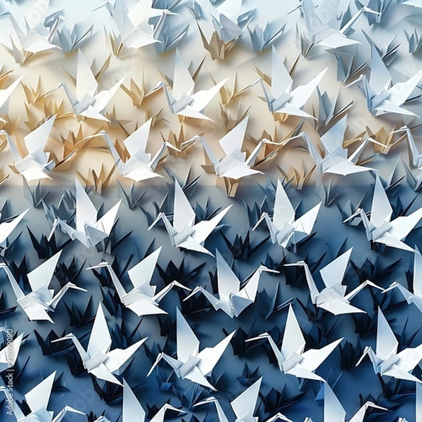 Fototapeta A gradient arrangement of paper cranes transitioning from white to dark blue in a decorative pattern..