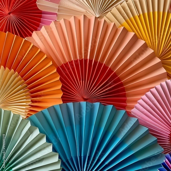 Fototapeta A vibrant arrangement of bright paper fans in a striking pattern for festive decor..