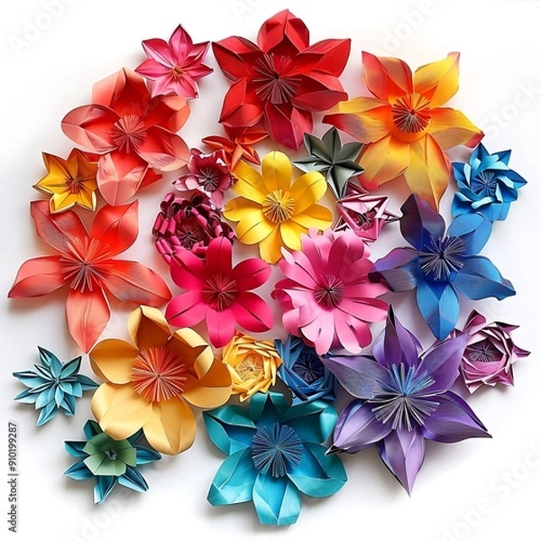 Fototapeta Vibrant circular pattern of paper flowers, ideal for celebratory events..