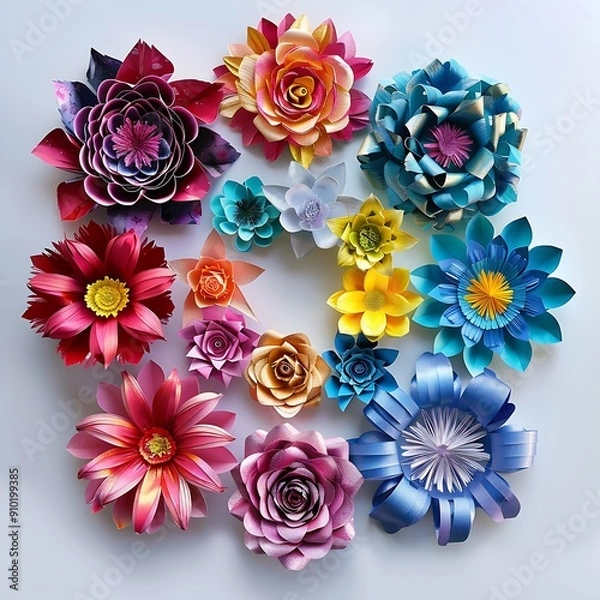 Fototapeta Festive event-ready circular arrangement of vibrant paper flowers..