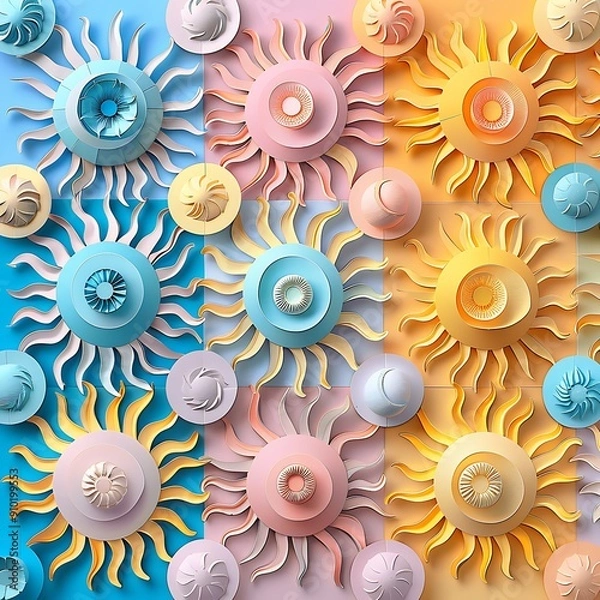 Fototapeta Delicate paper suns and moons arranged in a colorful alternating design for celebrations..