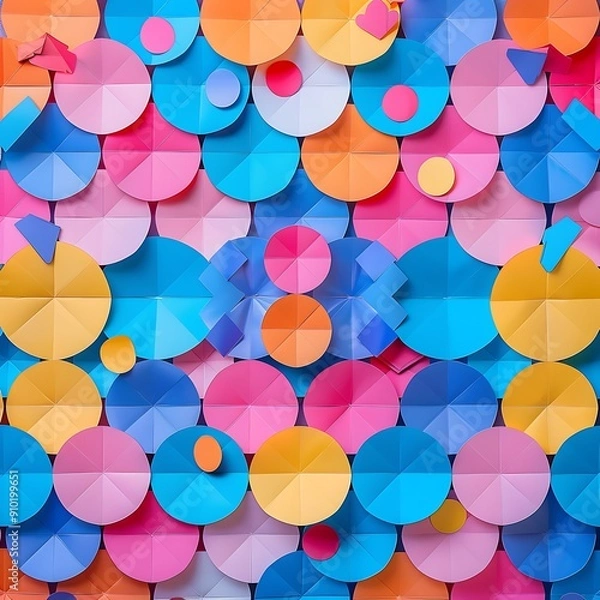 Fototapeta An energetic display of colorful paper circles and diamonds arranged in a checkerboard motif for holiday decor..