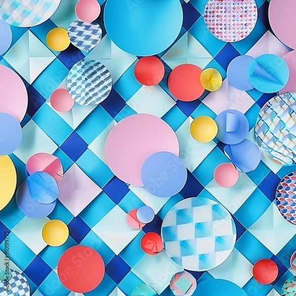 Fototapeta A lively checkerboard pattern of delicate paper circles and diamonds for festive decoration..