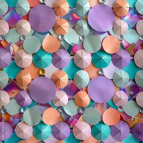 Fototapeta A dynamic arrangement of paper circles and diamonds in a vibrant checkerboard design for celebrations..