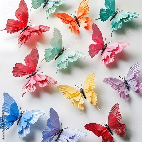 Fototapeta A colorful array of delicate paper butterflies, designed in a flying pattern for festive decorations..