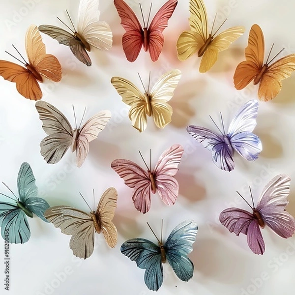 Fototapeta A delightful pattern of colorful paper butterflies, creating a lively flying design for festive settings..
