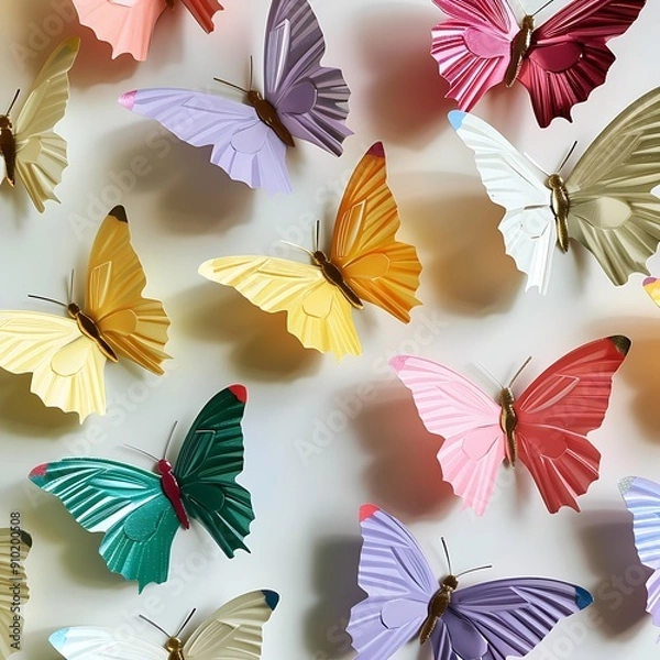Fototapeta An arrangement of vibrant paper butterflies in a dynamic flying motif for holiday decor..