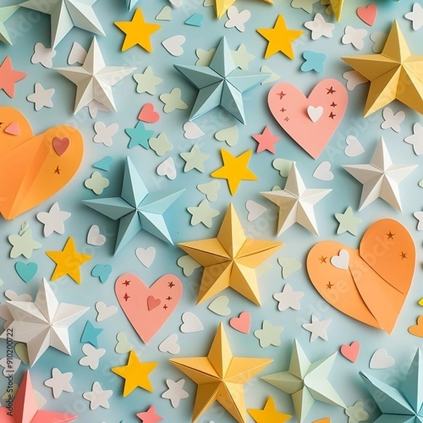 Fototapeta A delightful mix of paper stars and hearts in vibrant colors, creating a whimsical design for festive decorations.