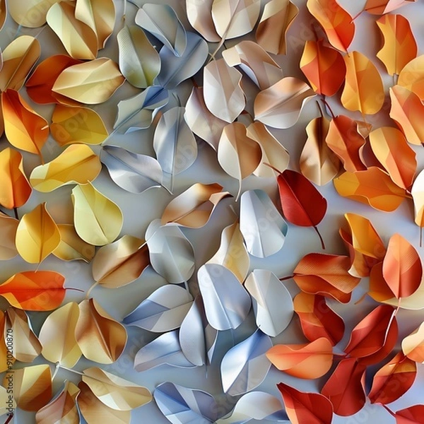 Fototapeta A picturesque arrangement of autumn-colored paper leaves, creating a swirling pattern for seasonal decor.