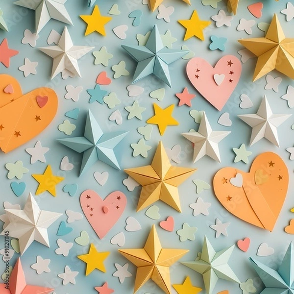 Fototapeta An enchanting arrangement of colorful paper stars and hearts, ideal for a whimsical festive decor.