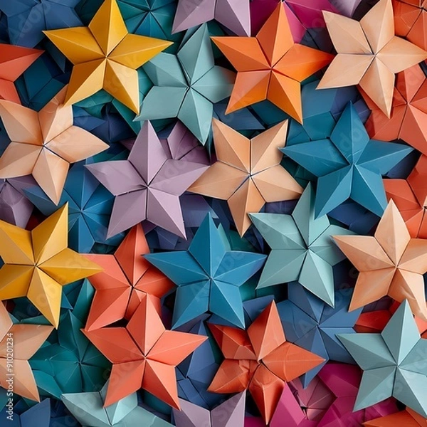 Fototapeta A festive design of vibrant paper stars forming a radiant pattern for decorations..