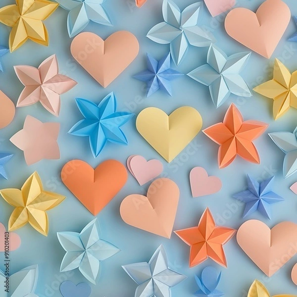Fototapeta A charming assortment of paper stars and hearts in bright hues, perfect for creating a whimsical festive pattern.