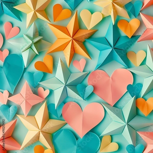 Fototapeta A playful collection of bright paper stars and hearts, forming a whimsical pattern for holiday decorations.