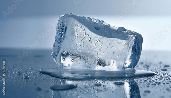 Obraz  A close-up of a melting ice cube with water droplets, placed on a mirrored surface with a gentle reflection, enhanced by the subtle shimmer of light bouncing off the smooth, reflective surface