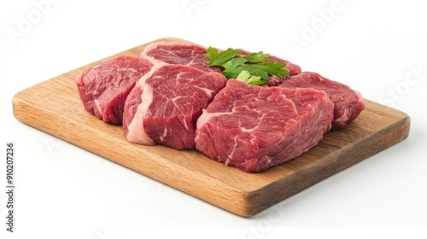 Fototapeta Close-up of fresh beef cut on a wooden chopping board, set against a white background, capturing the detail and color of the meat
