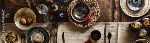 Obraz Rustic table setting with bowls, plates, and silverware.