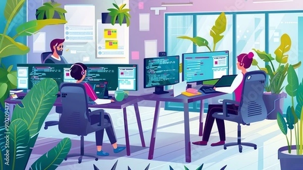 Obraz Three programmers work in a modern office with plants and large monitors.