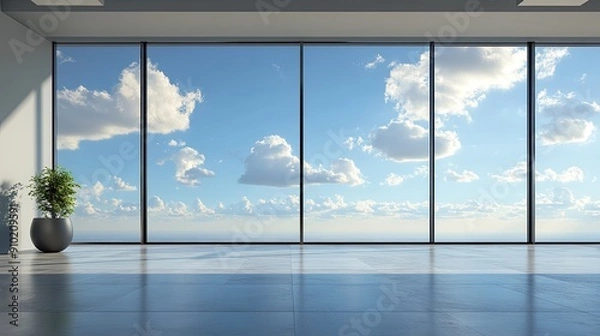 Obraz Floor-to-ceiling windows providing a picturesque view of the sky and cloud patterns outside, creating a serene and open environment