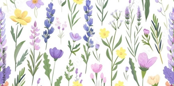 Obraz Vibrant floral pattern featuring various wildflowers in shades of purple, yellow, and pink against a white background