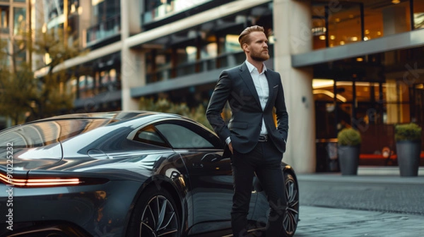 Fototapeta Business man wearing suit standing front of an expensive car