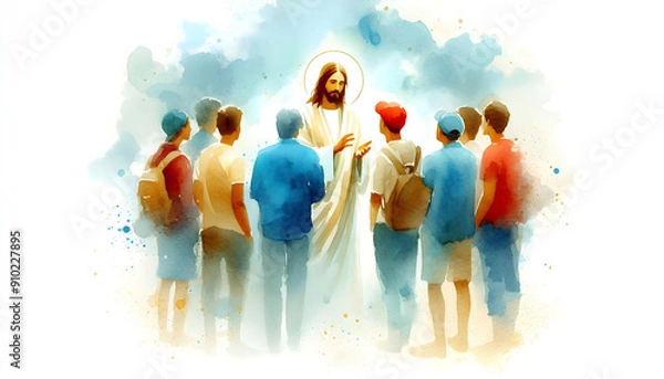 Fototapeta Jesus is conversing with a group of young people. The scene captures a moment of shared wisdom and connection.Watercolor illustration on textured paper.
