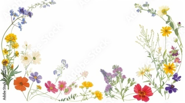 Fototapeta Illustration of a circular frame made from various flowers