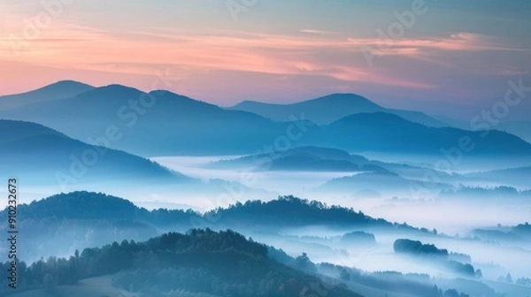 Obraz Misty mountain landscape at sunrise.
