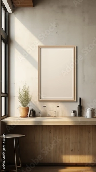 Fototapeta Framed picture canvas mockup in the kitchen. A minimalist kitchen interior featuring a wooden countertop, a potted plant, and a blank picture frame mockup on the wall..