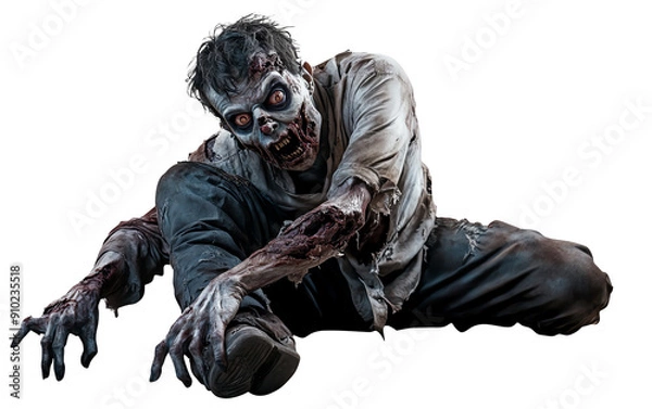 Fototapeta Creepy zombie with a twisted expression, leaning to one side and dragging a broken leg, looking menacingly on a solid white background