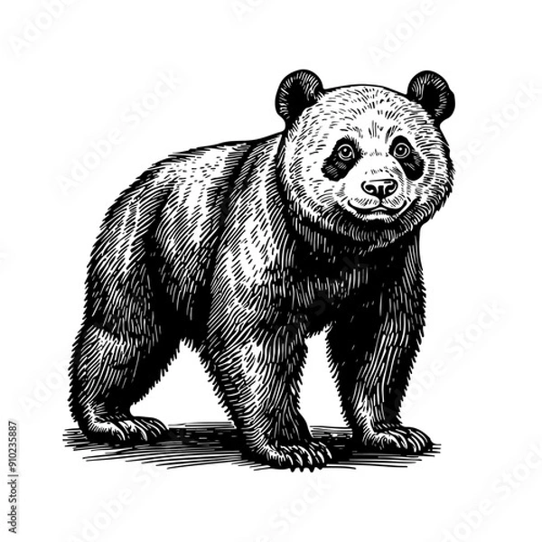Fototapeta Vector illustration of a panda in the style of a black-and-white vintage engraving with detailed line and texture work, an elegant and refined drawing for print and design