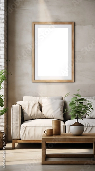 Fototapeta Living room framed picture canvas mockup. A cozy living room featuring a light-colored sofa with cushions, a wooden coffee table, and a potted plant. 
