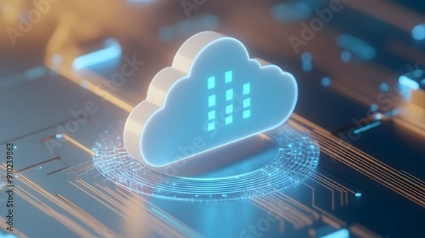 Fototapeta 3D illustration of cloud computing infrastructure on a circuit board, representing data storage and digital technology.