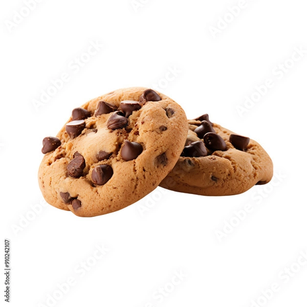 Obraz Two delicious chocolate chip cookies isolated on a white background, perfect for bakery, dessert, or snack themed projects.