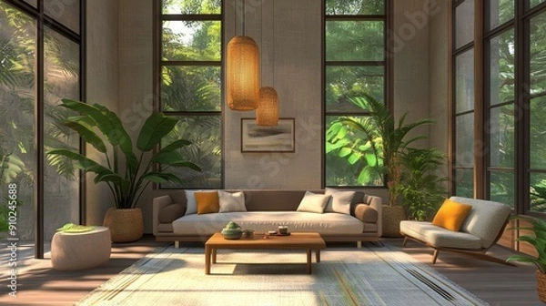 Fototapeta Stylish living room with tropical plants, large windows, and modern furnishings, creating a serene, nature-inspired atmosphere.