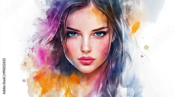 Fototapeta A striking portrait of a young Caucasian woman with vibrant colors blending around her, showcasing a mix of beauty and artistic flair.