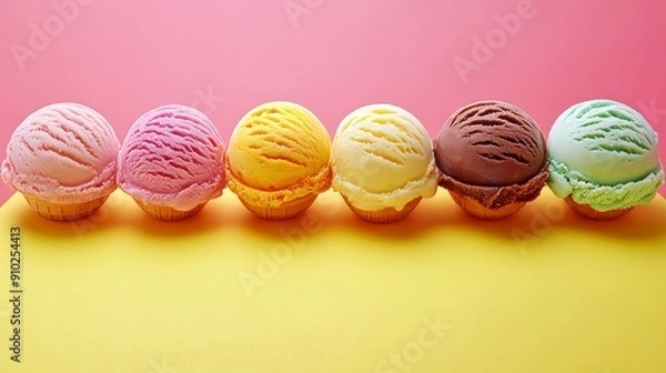 Fototapeta A colorful array of six ice cream cones, featuring pink, yellow, white, brown, and green flavors, set against a vibrant pastel backdrop.