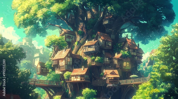 Fototapeta An anime illustration with a fantasy vibe, showing an elven village built into a large tree trunk.