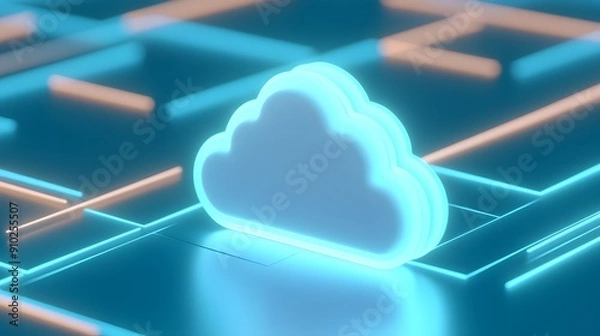 Obraz Abstract 3D illustration of a glowing cloud icon amidst a futuristic circuit board representing cloud computing and technology.