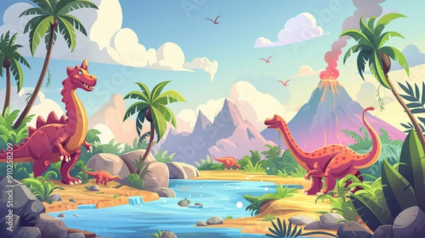 Fototapeta The Cartoon dinosaurs with tropical landscape with volcano isolation, game background, Illustration