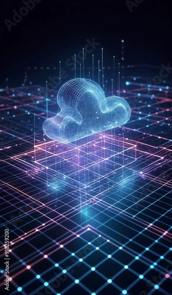 Obraz Cloud computing concept background. Digital data and network with glowing lines and sparks.