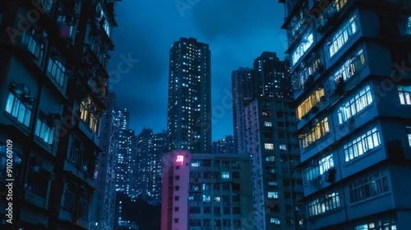 Fototapeta A stunning night view of Hong Kong's skyline, showcasing illuminated high-rise buildings amidst a moody blue atmosphere.