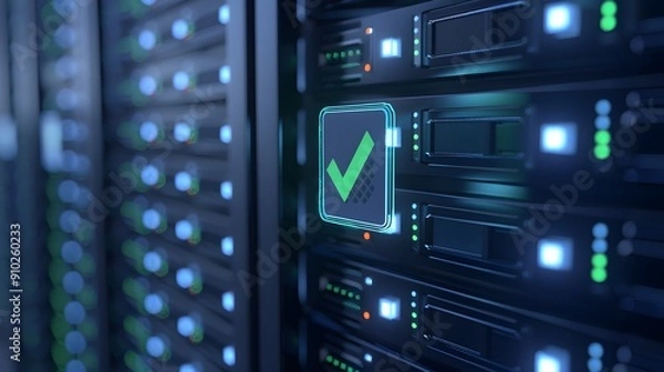 Obraz Close-up of server racks in a modern data center with a glowing green checkmark indicating successful system operation and security.