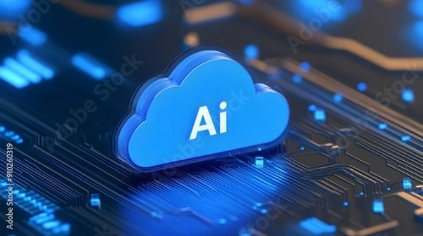 Fototapeta Cloud AI concept with a glowing blue cloud symbol on a digital circuit board. Represents innovation in artificial intelligence technology.