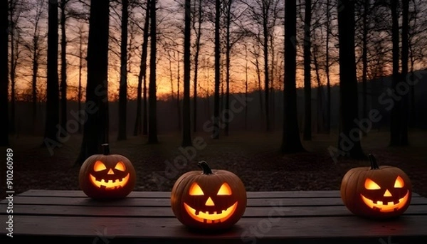 Fototapeta A spooky forest sunset with a haunted evil glowing eyes of Jack O' Lanterns on the left of a wooden bench on a scary halloween night.	