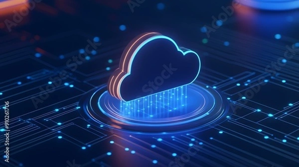Fototapeta Cloud computing concept with digital cloud icon on a high-tech circuit board, illustrating modern data storage and technology solutions.