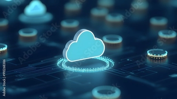 Fototapeta Cloud computing technology concept with digital blue cloud icon on a circuit board background representing data storage and connectivity.