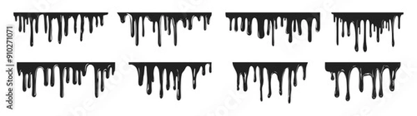 Fototapeta Dripping blood liquid borders silhouette in black ink style, vector cartoon illustration. Set of different dripping patterns for horror and spooky themes.