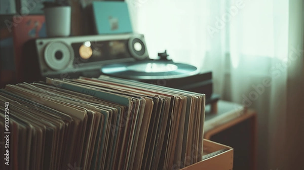 Obraz Vintage vinyl records collection in cozy room, retro music setup with turntable, nostalgic home decor, retro vibe concept