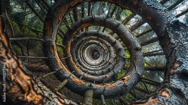 Fototapeta A spiral staircase made of tree branches winding upwards into a dense forest canopy.
