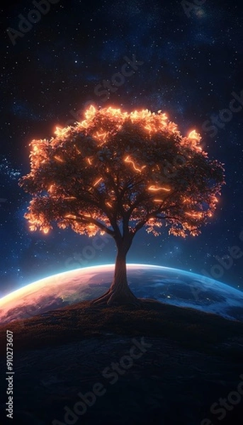 Obraz A glowing tree stands majestically on a distant planet, surrounded by a vibrant cosmic landscape, embodying nature and serenity.